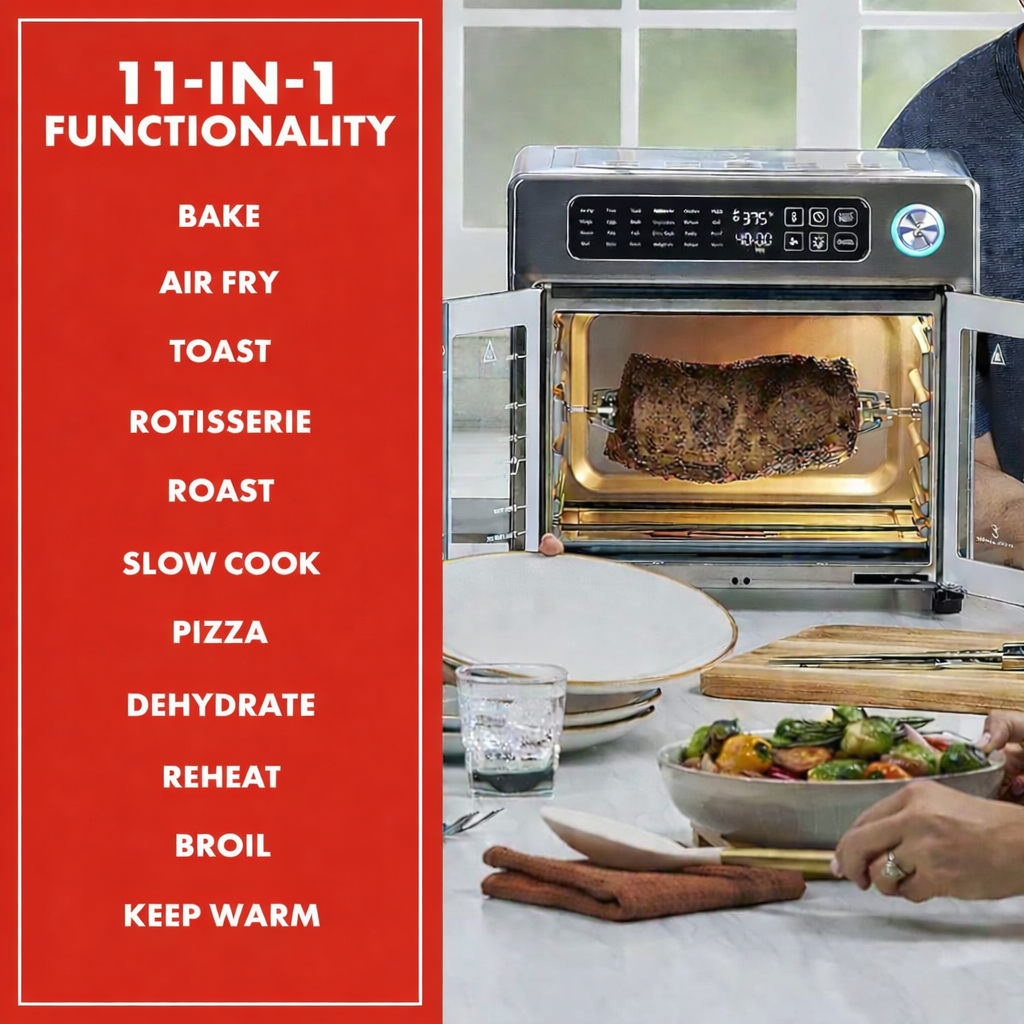 Multifunctional oven with various cooking options listed on a red background