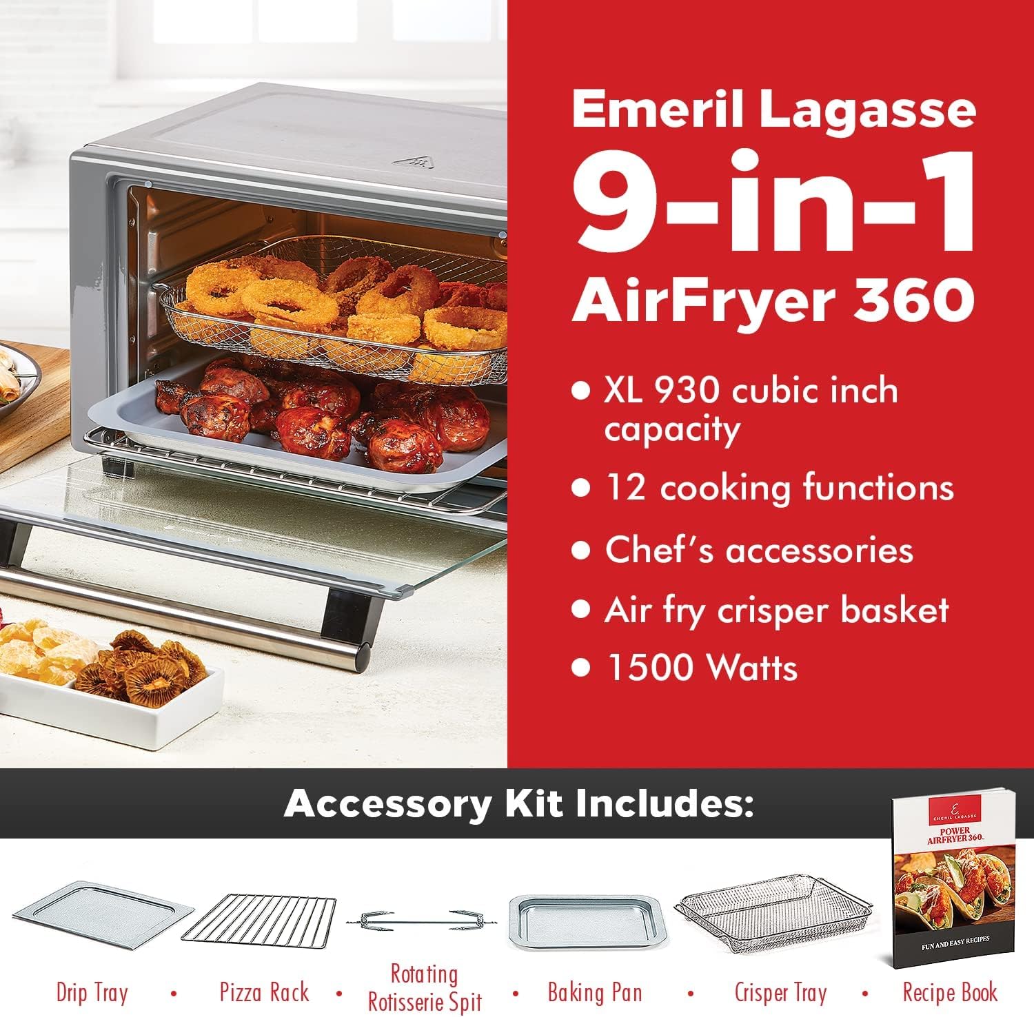 Emeril Lagasse Everyday 360 Stainless Steel Air Fryer, 360° Quick Cook Technology, XL capacity, 9-in-1, 12 Pre-Set Cooking Functions including Bake, Rotisserie, Broil, Pizza, Slow Cook, Toaster