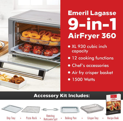 Emeril Lagasse Everyday 360 Stainless Steel Air Fryer, 360° Quick Cook Technology, XL capacity, 9-in-1, 12 Pre-Set Cooking Functions including Bake, Rotisserie, Broil, Pizza, Slow Cook, Toaster